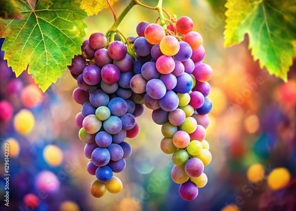 Fototapeta Autumnal grape ink painting, Japanese sumi-e style, bokeh effect, artistic abstract image.