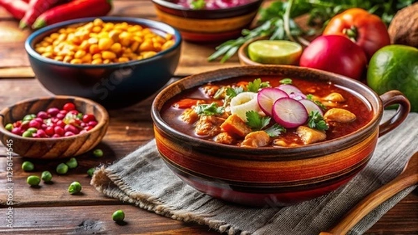 Obraz Authentic Mexican Red Pozole with Garnishes and Coffee - Stock Photo
