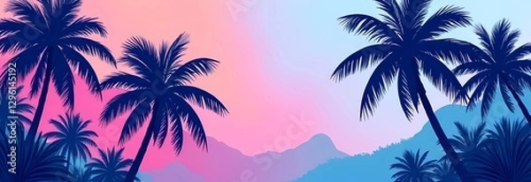 Fototapeta Tropical palms in a colorful jungle with vibrant pink and blue flowers. Fancy background illustrating the journey
