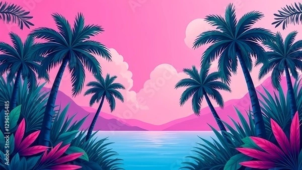 Fototapeta Tropical palms in a colorful jungle with vibrant pink and blue flowers. Fancy background illustrating the journey