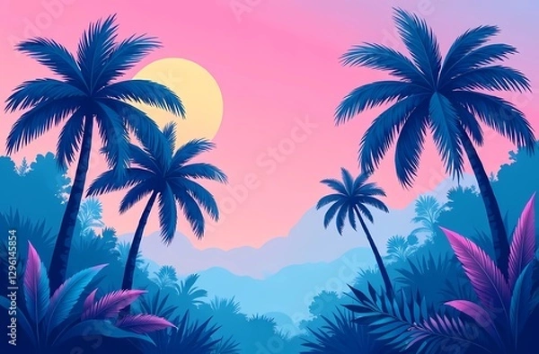 Fototapeta Tropical palms in a colorful jungle with vibrant pink and blue flowers. Fancy background illustrating the journey
