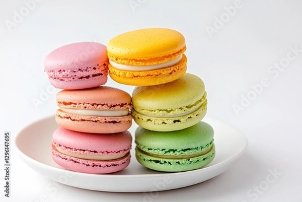 Fototapeta Colorful macarons tower isolated on a white background, studio shot, photorealistic, 50 mm lens, high-resolution digital photography