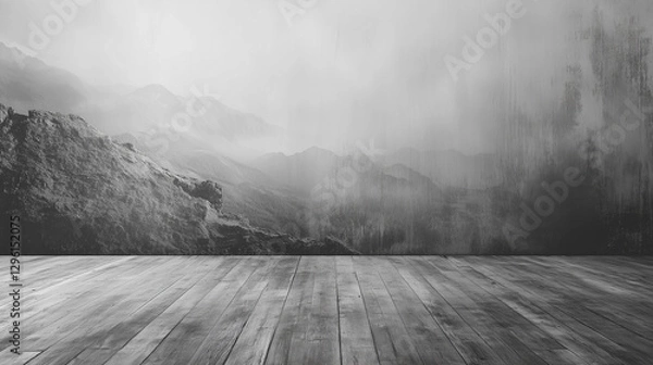 Obraz a misty mountain landscape serves as a backdrop for a wooden plank floor