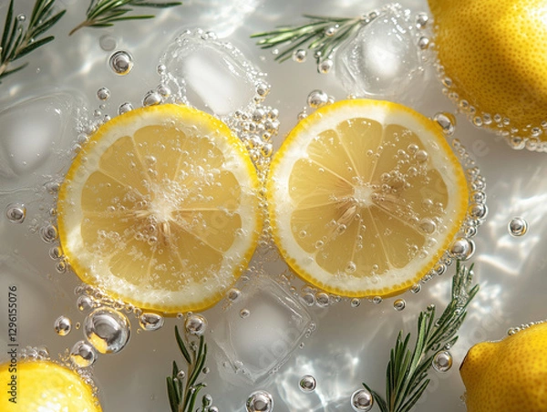 Fototapeta Fresh lemon slices with ice cubes and bubbles water create refreshing scene. vibrant yellow of lemons contrasts beautifully with clear ice and green rosemary, evoking sense of coolness and zest