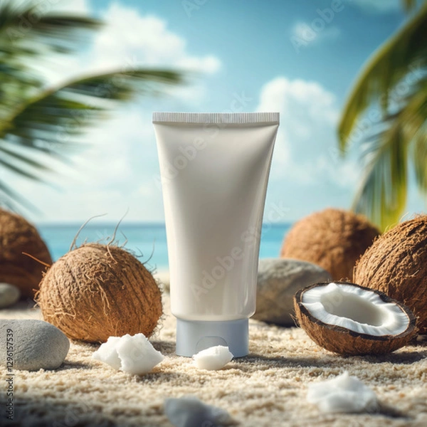 Fototapeta The image shows a white tube of lotion or cream placed on a sandy beach with coconuts and rocks in the background. The scene is under a clear blue sky with palm trees visible, suggesting a tropical 