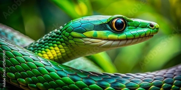 Fototapeta Bokeh Portrait of a Vibrant Green Parrot Snake (Leptophis ahaetulla) in Lush Foliage