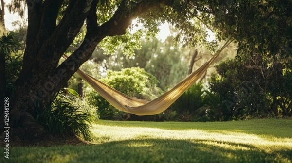 Fototapeta Rare illness patient relaxing in a hammock under a tree in a peaceful outdoor setting. Featuring rest and nature