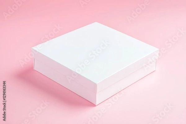 Fototapeta White square box mockup with a minimalistic design on a pastel pink background.