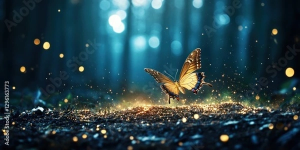 Obraz Magical butterfly taking flight from glowing forest ground.