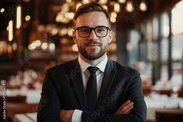 Fototapeta Restaurant manager smiling with crossed arms in elegant restaurant