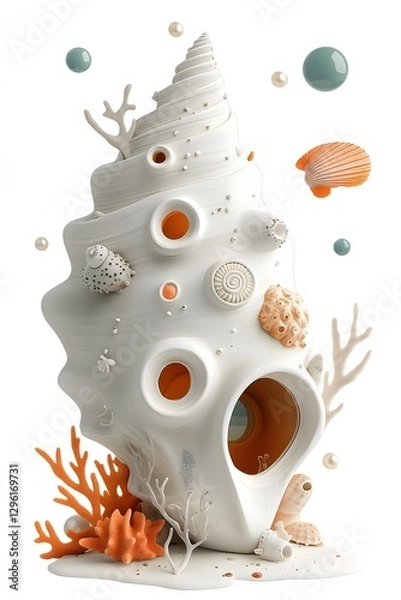 Fototapeta Surreal fantasy illustration of a seashell-shaped house adorned with coral and marine elements, blending oceanic beauty with imaginative architecture in an underwater-inspired world  
