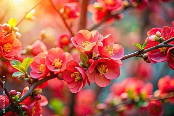 Fototapeta Intense red Japanese quince flowers dominate, a spring garden detail set against a hazy sakura scene.
