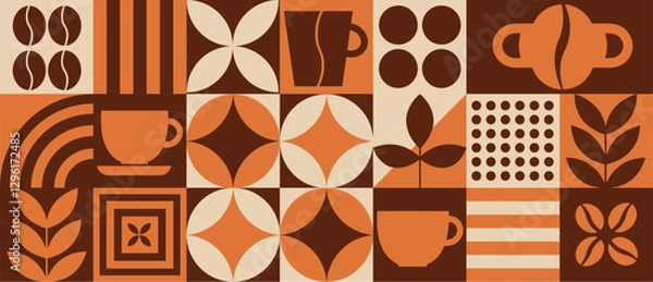 Obraz A vintage-inspired coffee-themed geometric pattern with abstract shapes, coffee cups, beans, and leaves in warm earthy tones. Ideal for backgrounds, wallpapers, and branding designs.