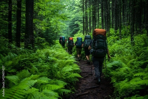Fototapeta Green pine trees and ferns along a forest trail with hikers.