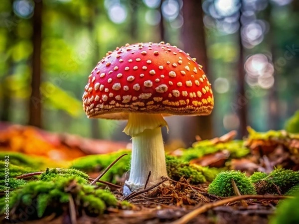 Fototapeta Close-up Detailed Macro Photography of a Single Wild Mushroom in Forest, Rule of Thirds Composition