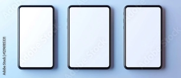 Obraz Three smartphones with blank screens, arranged in a row on a light blue background.