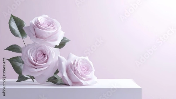 Obraz Three pale pink roses on a white surface against a light pink background.