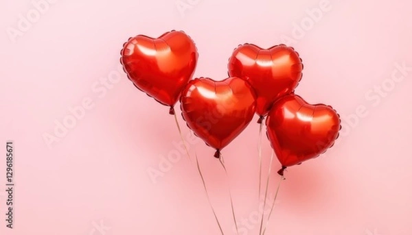 Obraz Four red heart-shaped balloons on a pink background.