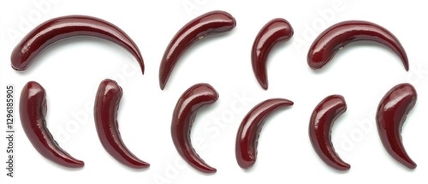 Obraz Collection of ten maroon, glossy, curved shapes resembling claws or talons, isolated on a white background.