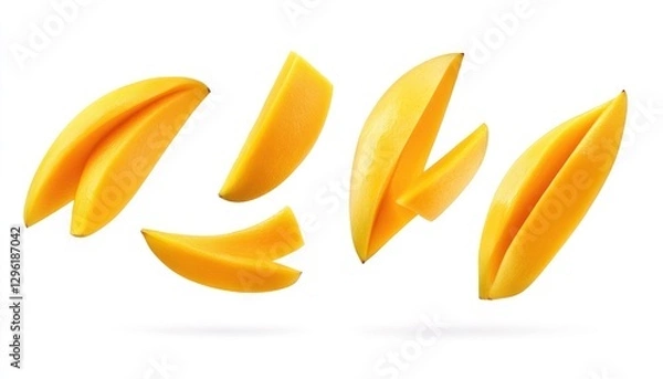Obraz Juicy mango slices levitate against a white background.