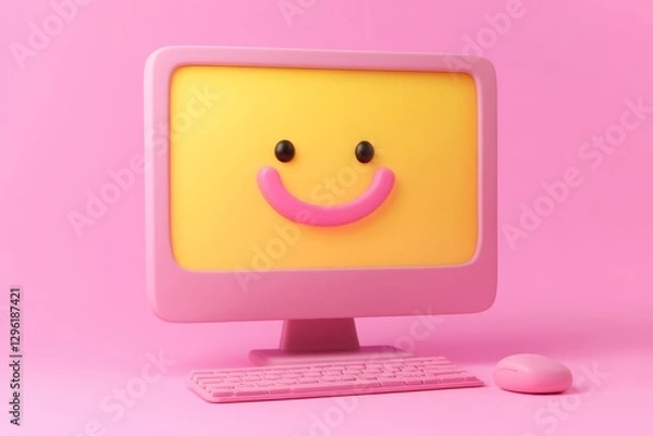 Obraz Happy pink computer with smiley face on screen.