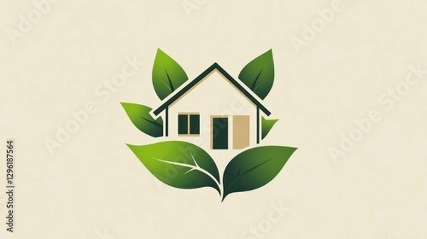 Obraz Eco-friendly house icon with green leaves, symbolizing sustainability and nature.