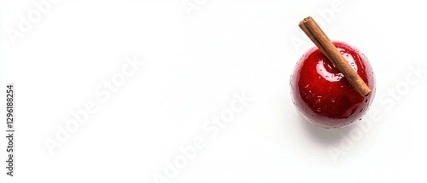 Obraz Red glazed dessert apple with cinnamon stick on white background.