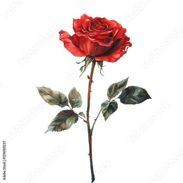 Fototapeta beautiful red rose with green leaves, isolated on transparency background, symbolizing love and passion