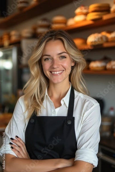 Fototapeta Smiling saleswoman with crossed arms in bakery with pastries displayed on shelves