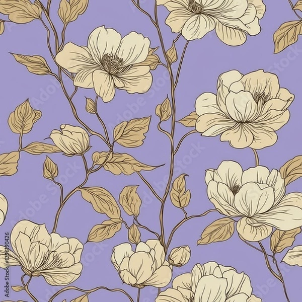 Fototapeta Elegant floral pattern with creamy flowers on a soft lavender backdrop.