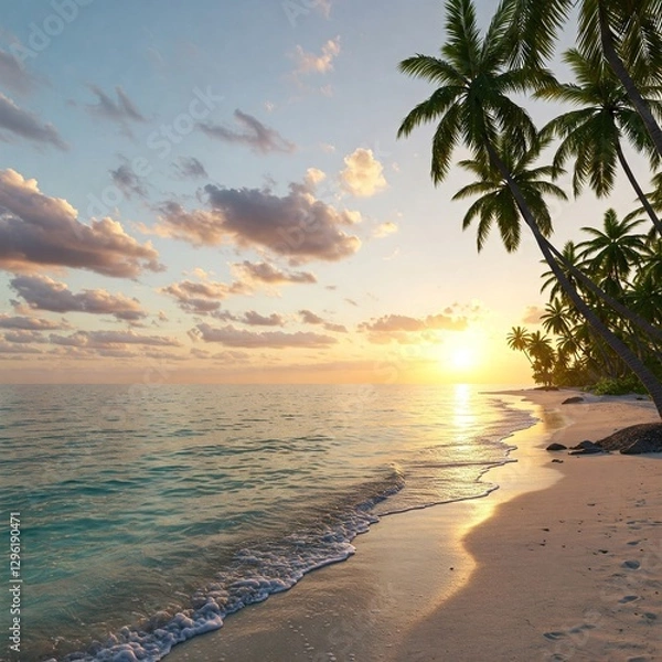 Fototapeta AI-generated A serene beach at sunset with crystal-clear water, smooth white sand, and gentle waves. Palm trees sway in the breeze, photorealistic with high dynamic range
