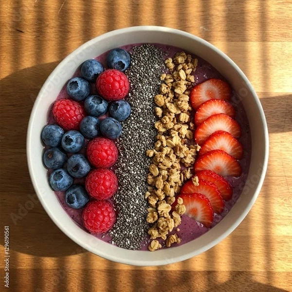 Fototapeta AI-generated A top-down view of a fresh fruit smoothie bowl with vibrant berries, chia seeds, and granola, set on a rustic wooden table, natural lighting