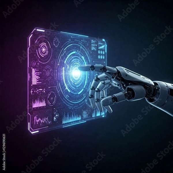 Fototapeta AI-GENERATED A close-up of a robotic hand reaching out to touch a holographic interface, blue and purple neon glow, hyper-detailed, sci-fi theme