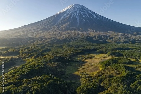 Fototapeta Majestic view of Mount Fuji surrounded by lush greenery and a clear blue sky at sunrise