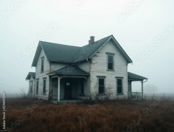 Fototapeta Old abandoned house standing alone in a foggy field