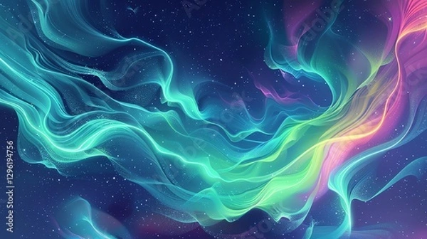 Fototapeta A digital abstract image of colorful, wavy lines and stars.