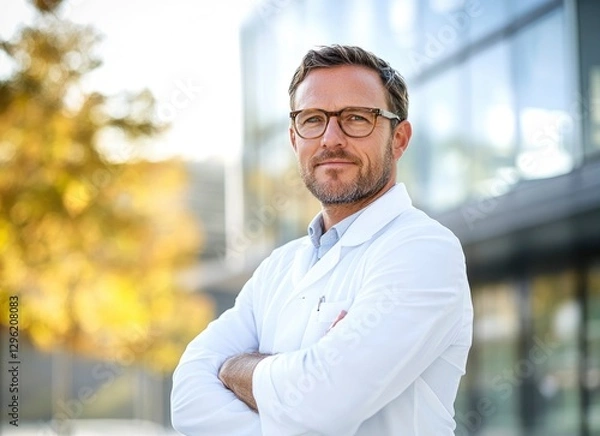 Fototapeta Portrait of a handsome male doctor standing with arms crossed in front, looking at the camera and smiling against the background