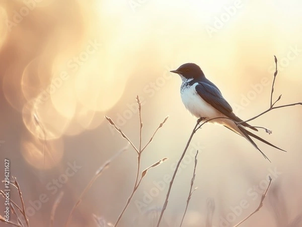 Fototapeta Minimalistic close up of a swallow perched on a branch in soft sunrise light
