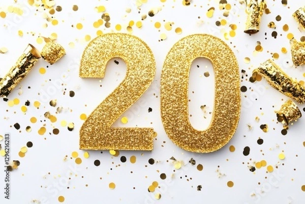 Fototapeta Glittery Gold Number Twenty with Confetti and Party Favors