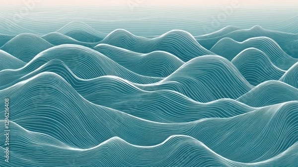 Fototapeta Abstract teal waves, flowing lines, 3D render.
