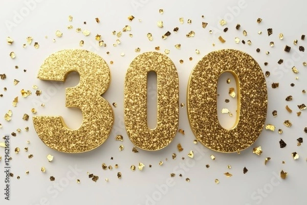 Fototapeta Glimmering Golden 300 Number Sign Surrounded by Glitter Confetti