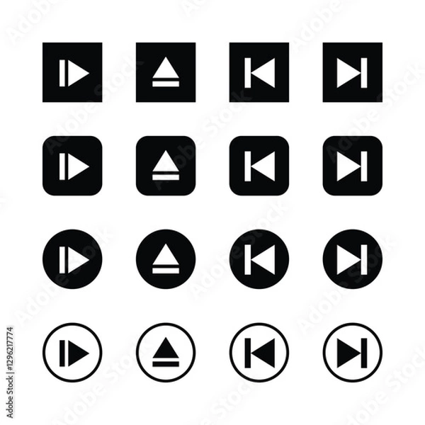 Fototapeta Media player icons, minimalist design, black
‘and white, geometric shapes, playback
‘controls, user interface elements, square
button, pause bution, skip forward, skip
backward, eject button, clean.