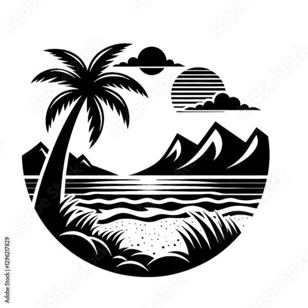 Fototapeta Beach landscape logo with palm tree vector black and white