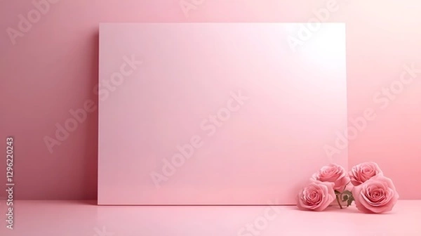 Fototapeta Pink roses leaning against a blank pink rectangular board