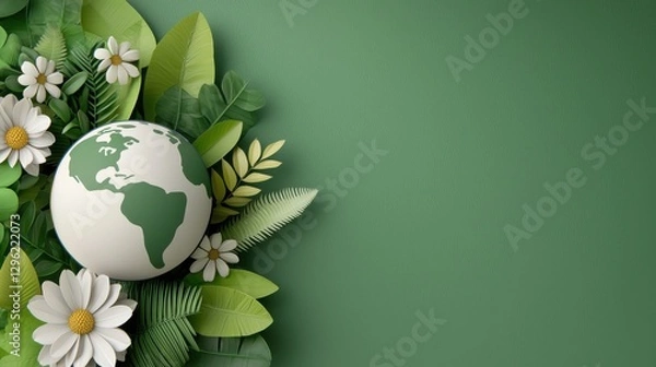 Fototapeta of a green globe surrounded by flourishing leaves and plants showcasing the concept of an eco friendly global footprint and sustainable development