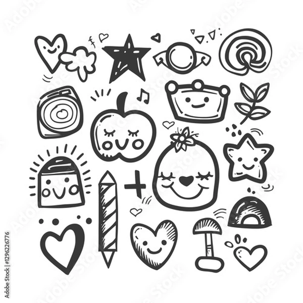 Fototapeta Hand Drawn Doodle Set Of Cute And Whimsical Characters Objects And Symbols