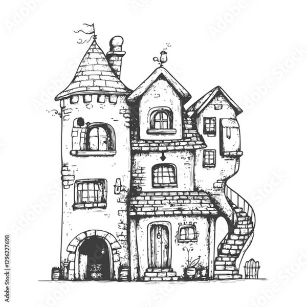 Fototapeta Hand Drawn Illustration Of A Charming Old Stone House With A Tower And Spiral Staircase