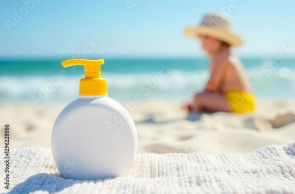 Fototapeta A white unlabelled bottle of children's sunscreen  sits on a beach towel. In the background, a toddler in bright shorts and a sun hat is playing in the sand. Sun protection and skin cancer prevention