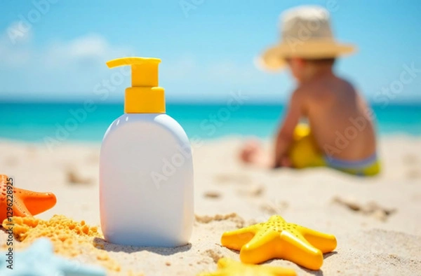 Fototapeta A white unlabelled bottle of children's sunscreen  sits on a beach towel. In the background, a toddler in bright shorts and a sun hat is playing in the sand. Sun protection and skin cancer prevention