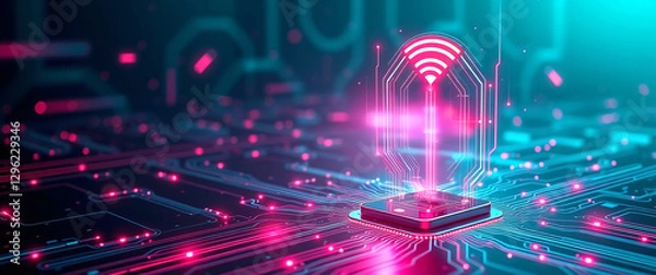 Fototapeta Futuristic Smart City with 5G Network: Multi-Colored Urban Landscape Featuring Wireless Communication, IoT, CPS, and ICT Integration.